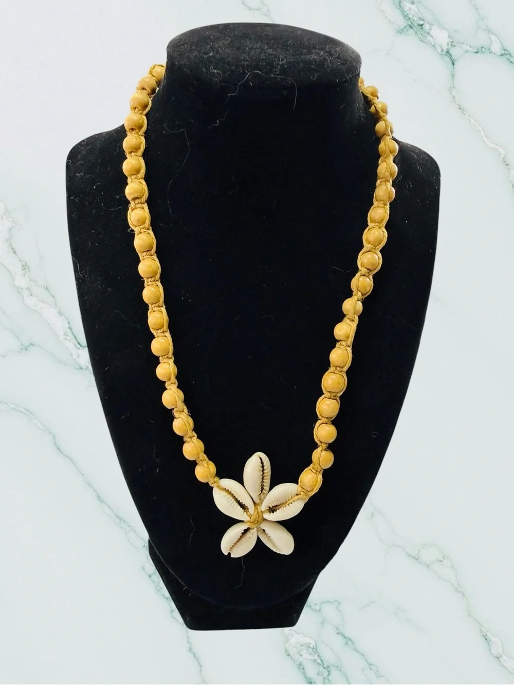 Cowrie Seashell Brown Wood Bead Necklace 18” Star Macrame Beach Boho Caribbean